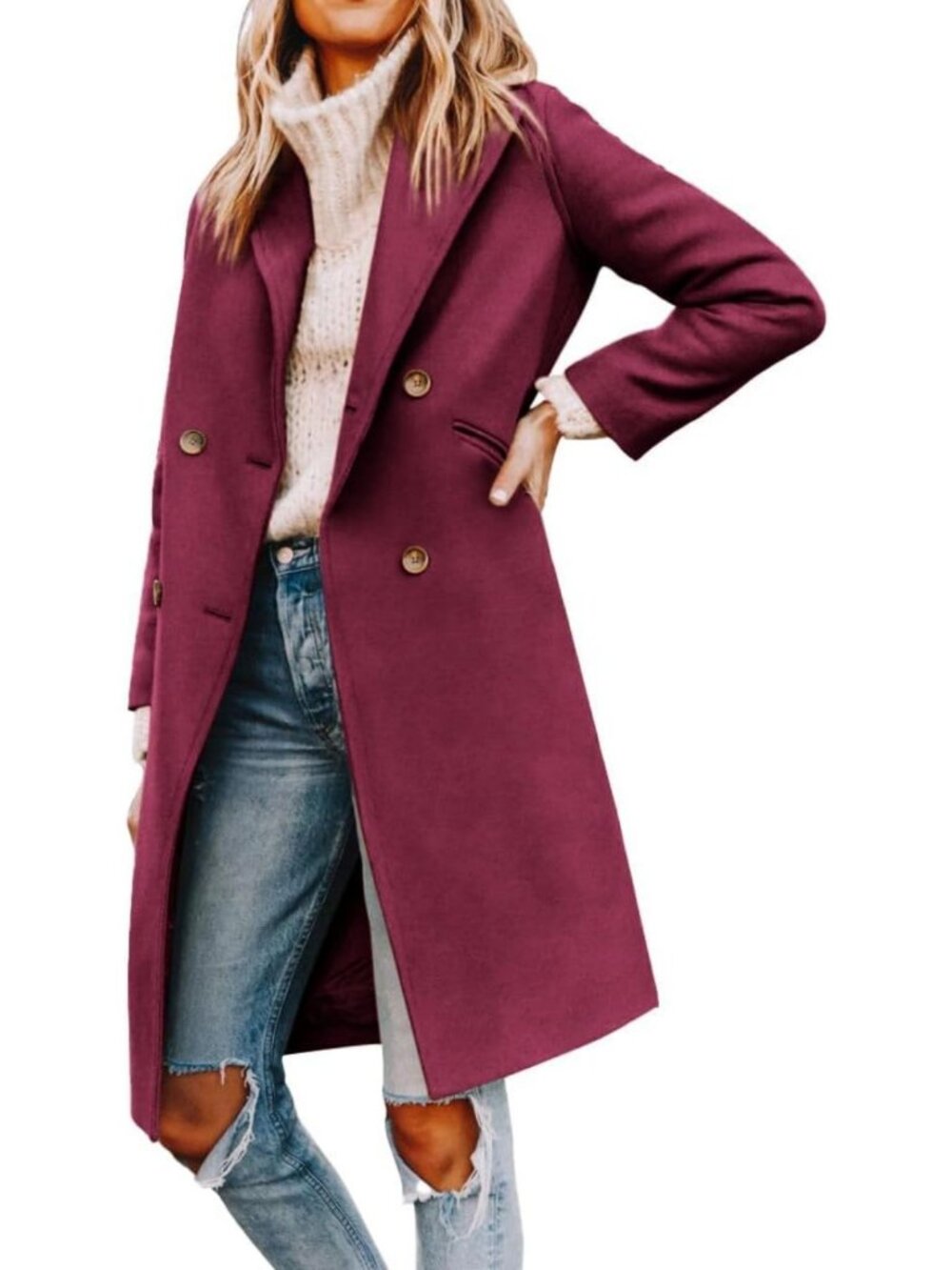 Chic Women's Double Breasted Notched Lapel Pea Coat - Stylish Mid-Length